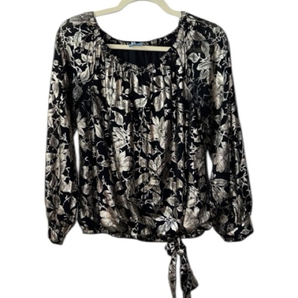 CeCe Metallic Black And Gold Floral Leaf Long Sleeve Top Size M